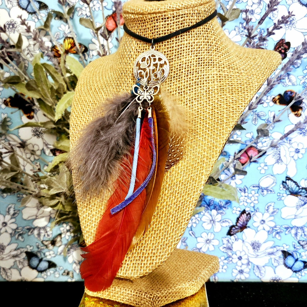 Lmg#664 Blue Skies & Butterflies Boho, Fun Feather & Charm Tassel Pendant Neck.